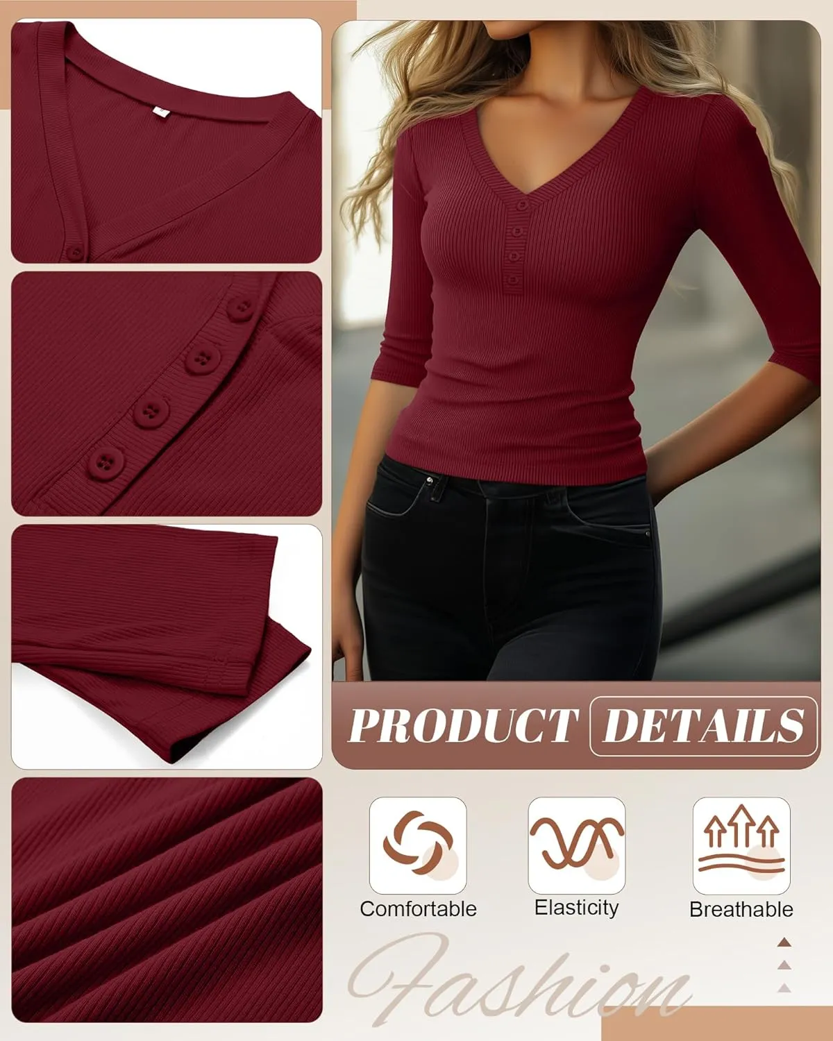 Ficerd 3 Pack Women's 3/4 Sleeve Henley Shirts, Cotton V Neck Ribbed Knit Slim Fit Shirts Tight Basic Tee