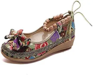 Flat Shoes,Retro Women Ethnic Beading Round Toe Colorful Loafers Casual Embroidered Shoes