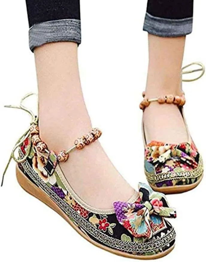 Flat Shoes,Retro Women Ethnic Beading Round Toe Colorful Loafers Casual Embroidered Shoes