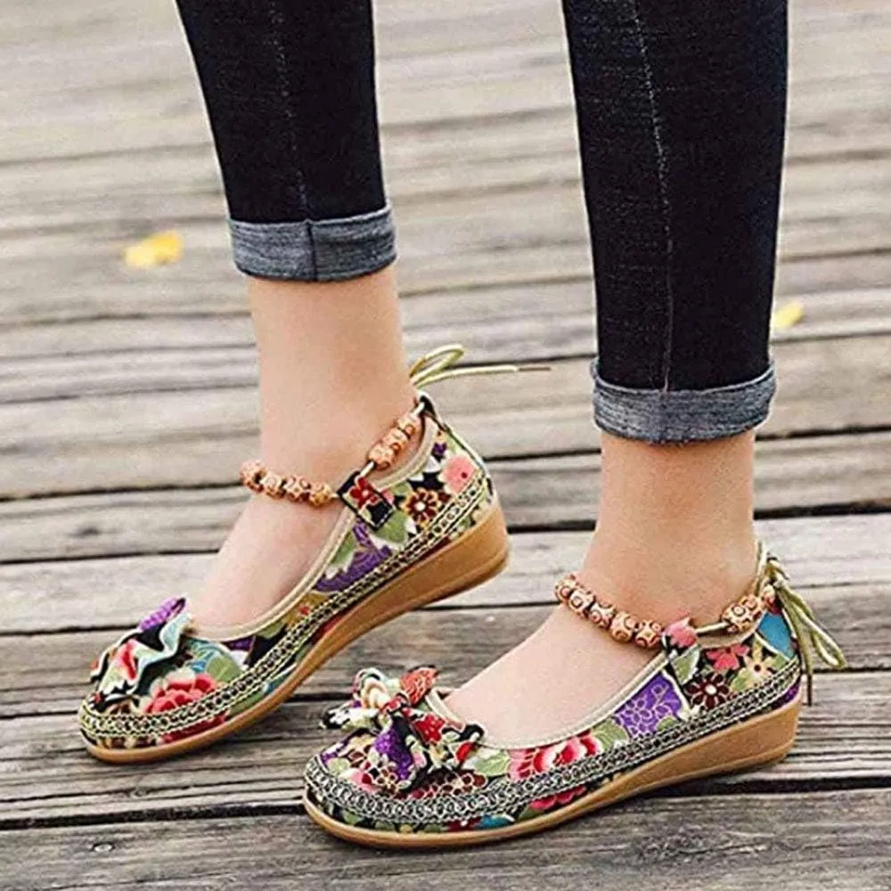 Flat Shoes,Retro Women Ethnic Beading Round Toe Colorful Loafers Casual Embroidered Shoes