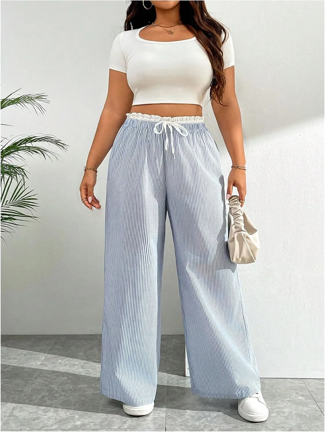 Floerns Women's Plus Size Striped Paperbag Waist Long Pants Casual Wide Leg Trousers