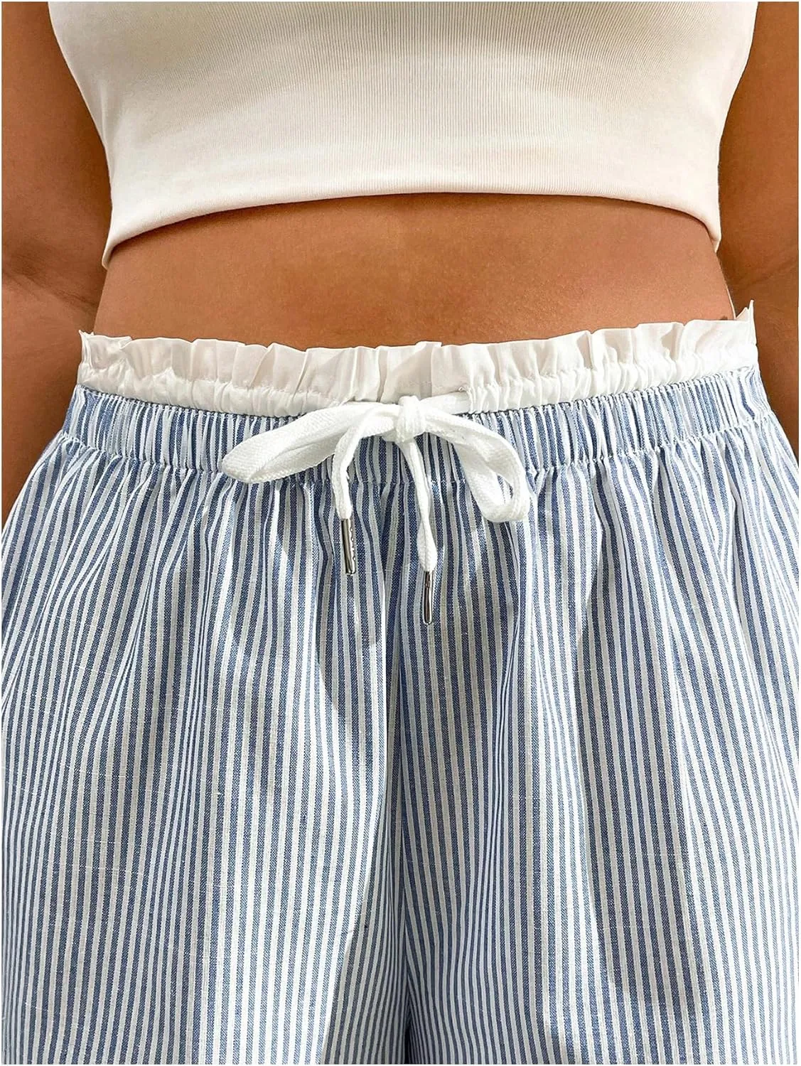 Floerns Women's Plus Size Striped Paperbag Waist Long Pants Casual Wide Leg Trousers