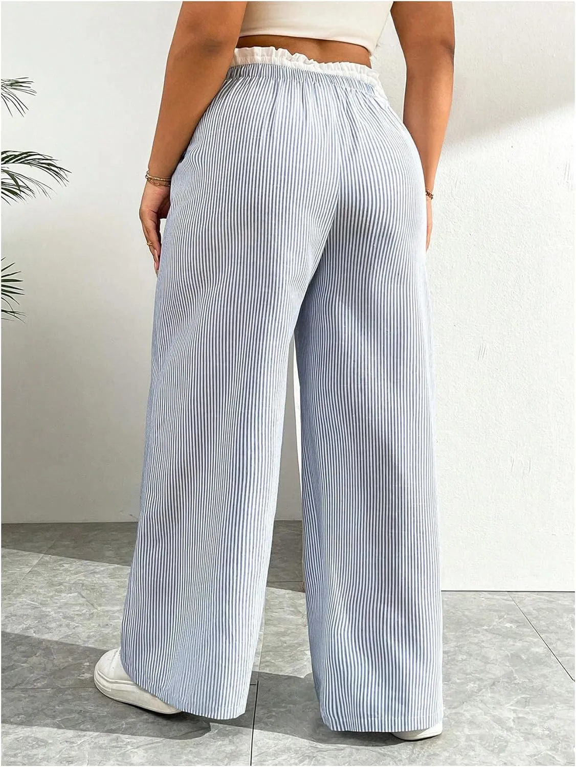 Floerns Women's Plus Size Striped Paperbag Waist Long Pants Casual Wide Leg Trousers