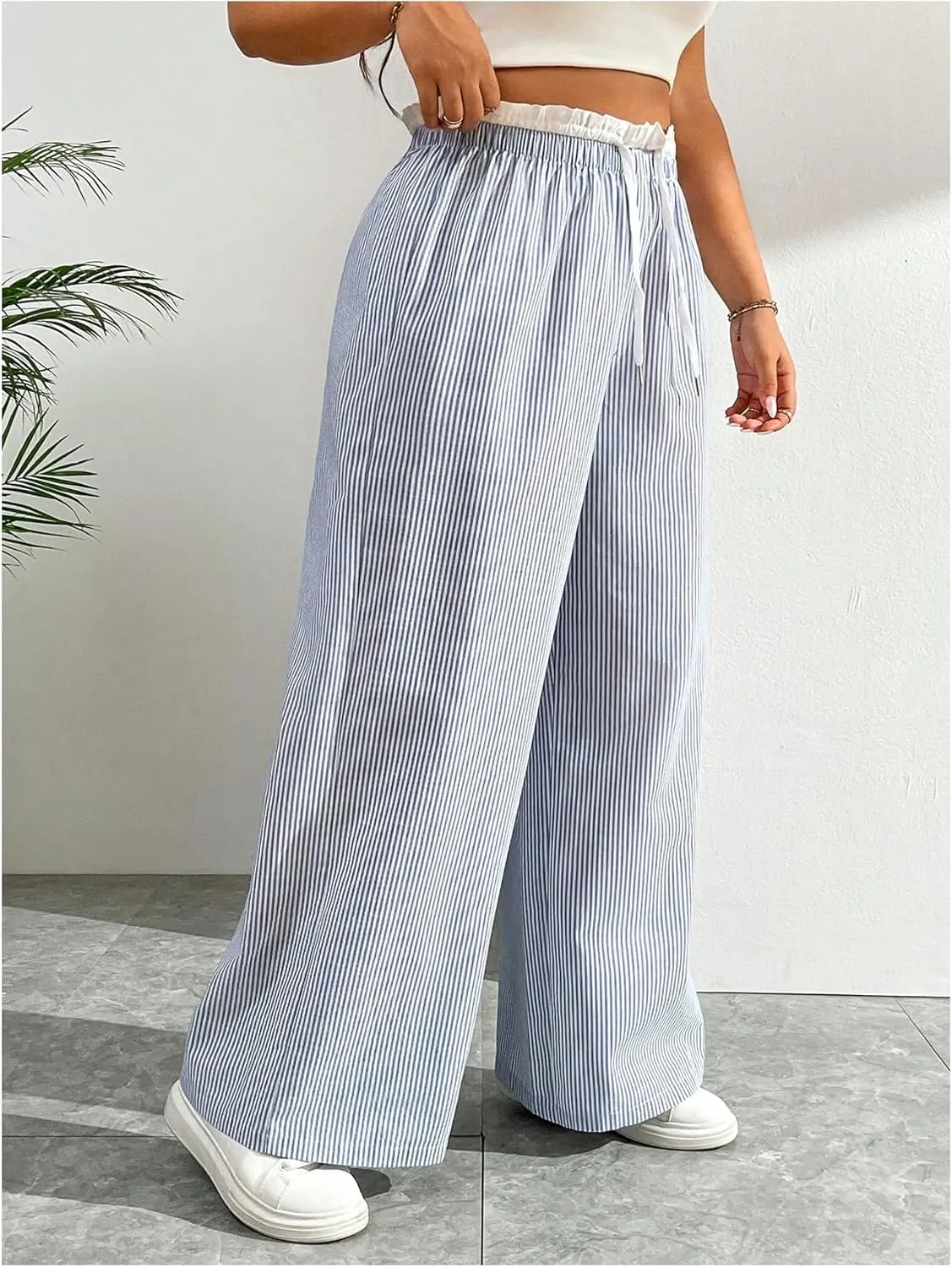 Floerns Women's Plus Size Striped Paperbag Waist Long Pants Casual Wide Leg Trousers