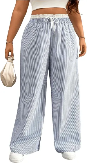 Floerns Women's Plus Size Striped Paperbag Waist Long Pants Casual Wide Leg Trousers