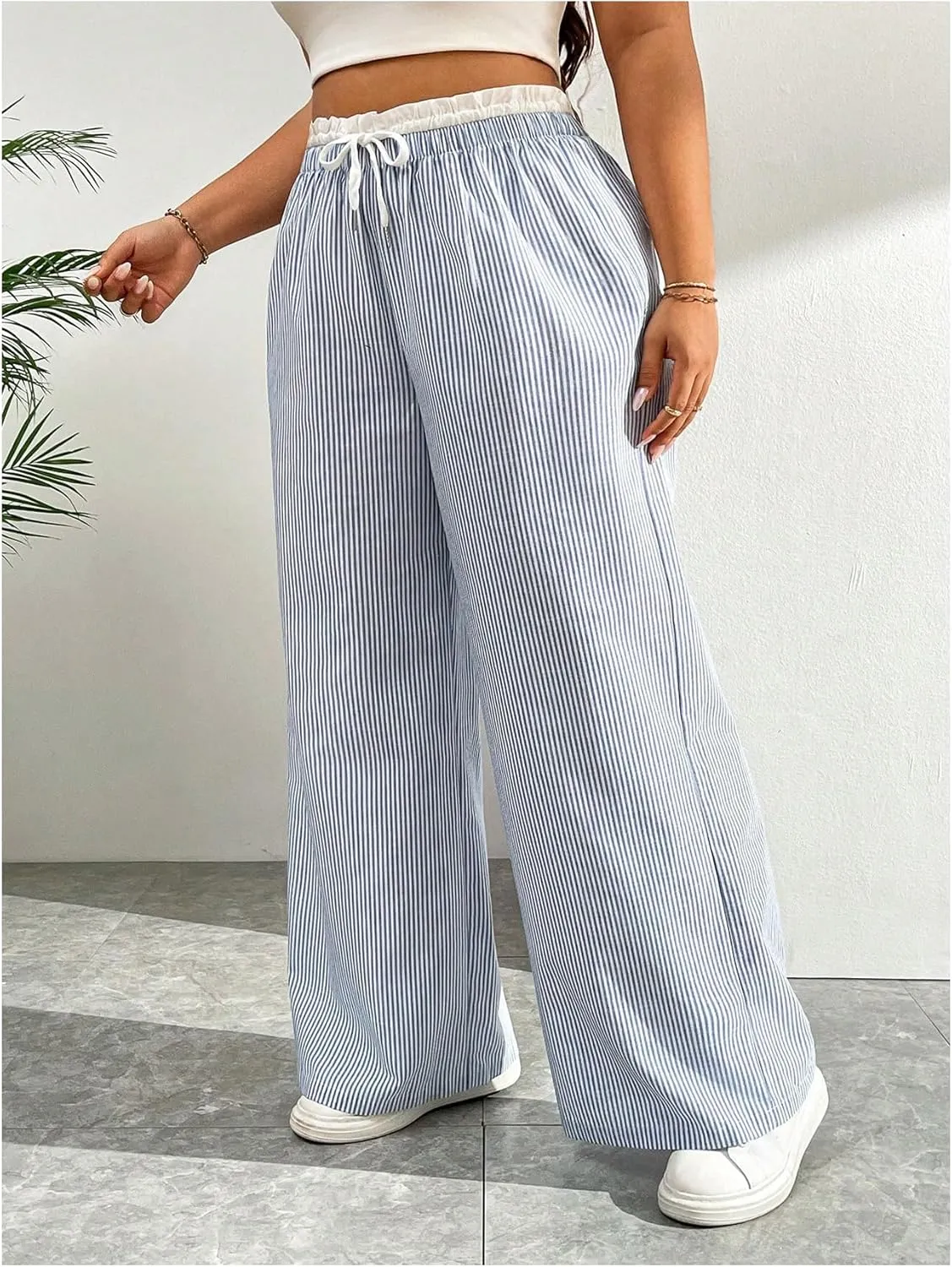 Floerns Women's Plus Size Striped Paperbag Waist Long Pants Casual Wide Leg Trousers
