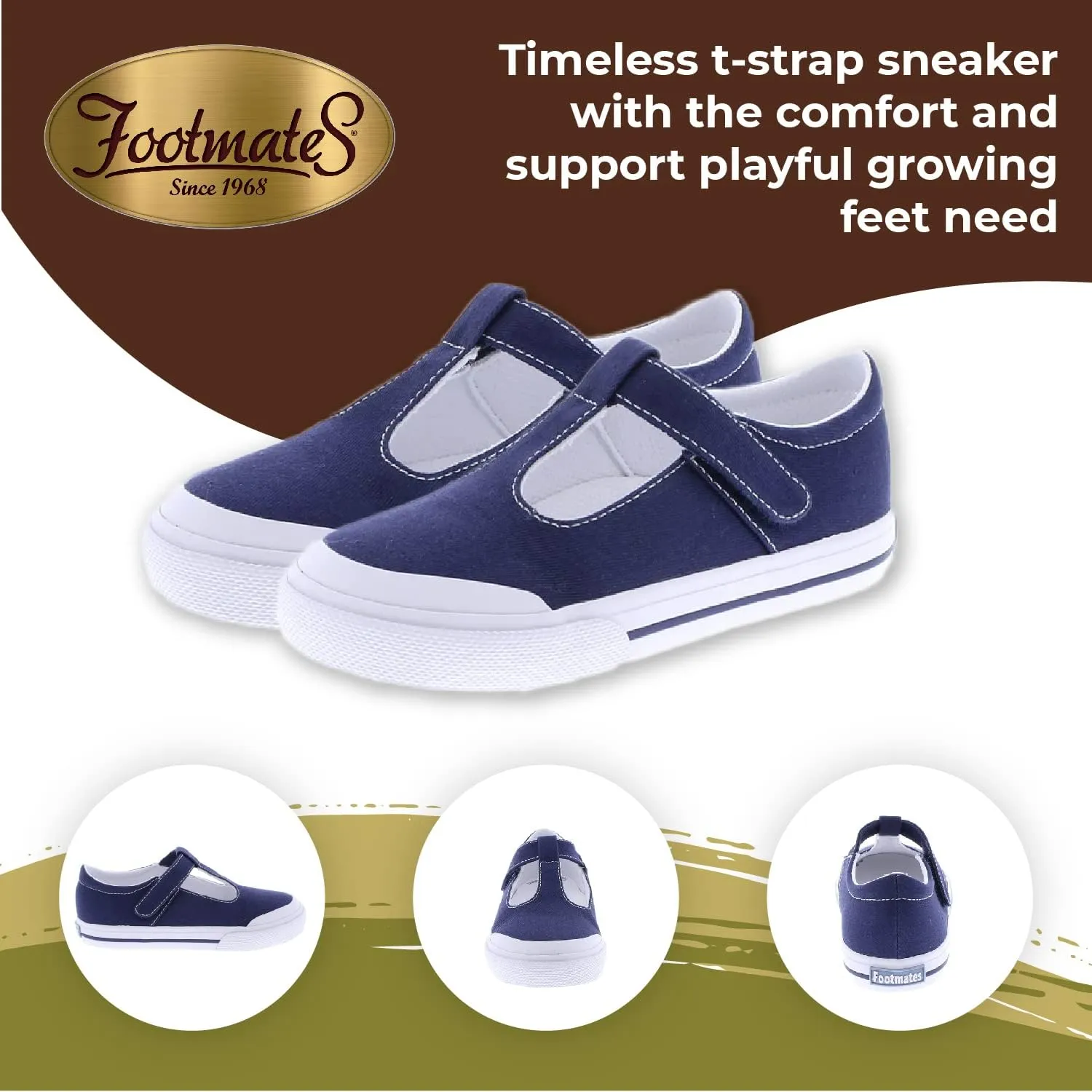 FOOTMATES Drew Mary Jane Flat T-Strap Girls Canvas Walking Sneakers with Custom-Fit Insoles, Slip-Resistant Vulcanized Outsoles