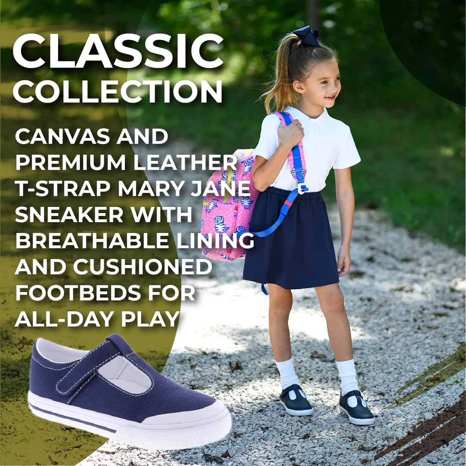 FOOTMATES Drew Mary Jane Flat T-Strap Girls Canvas Walking Sneakers with Custom-Fit Insoles, Slip-Resistant Vulcanized Outsoles