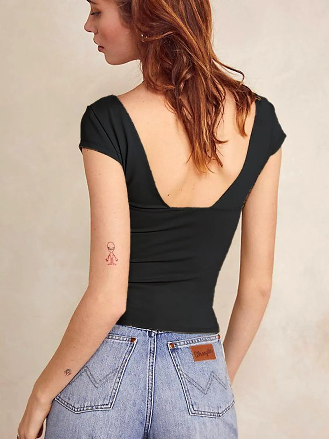 ForeFair Women Sexy Deep V Neck Backless Tank Top Slim Fit Summer Casual Y2k Crop Short Sleeve Top
