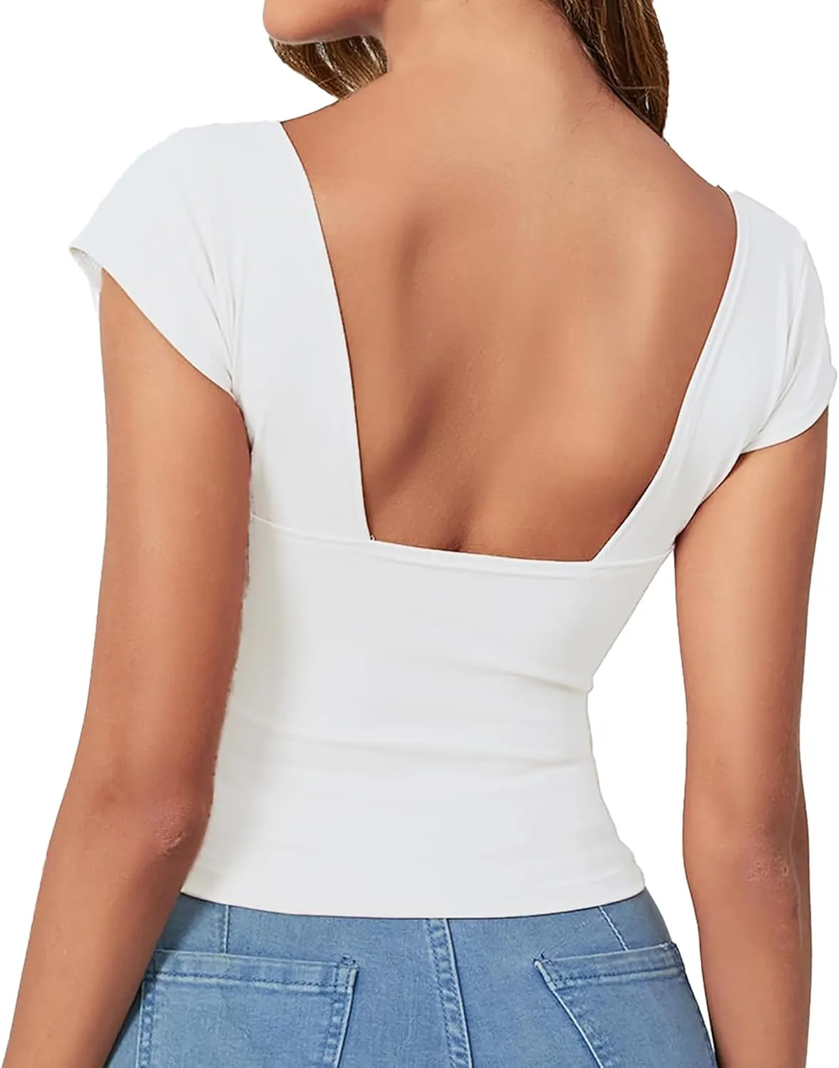 ForeFair Women Sexy Deep V Neck Backless Tank Top Slim Fit Summer Casual Y2k Crop Short Sleeve Top