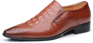Formal Business Loafers for Men Casual Crocodile Embossed Oxford Shoes Slip on Faux Leather Burnished Pointed Toe Dual Elastic Band Block Heel Casual (Color : Yellow, Size : 8 M US)