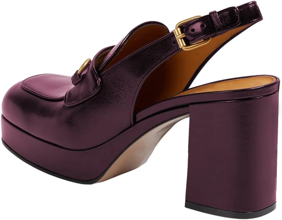 FOWT Women Platform Round Toe Pumps Chain Chunky High Heel Slingback Penny Loafers Stable Office Daily Shoes Size 4-16 US