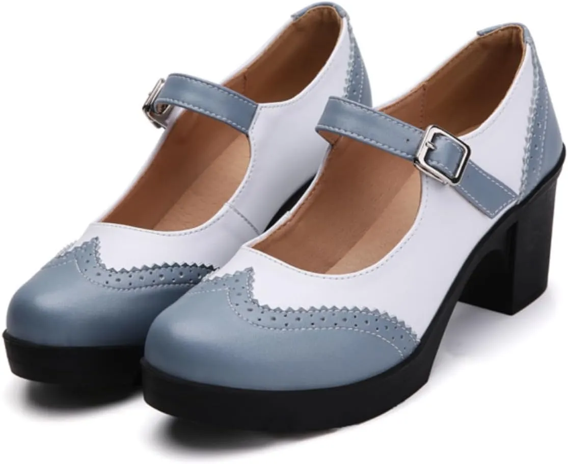FOWT Women Two Tone Platform Loafers Chunky Block Mid Heel Pumps Round Toe Cute Lolita Dressy Shoes Size 4-16 US