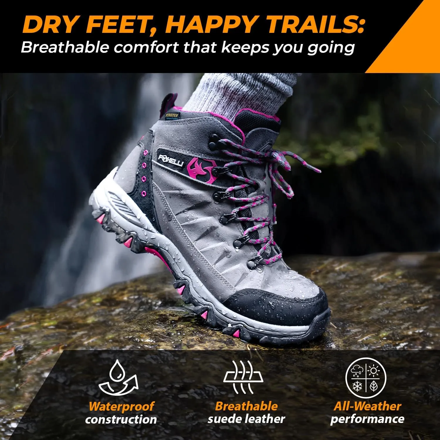 Foxelli Women’s Hiking Boots - Waterproof Lightweight & Breathable Suede Leather