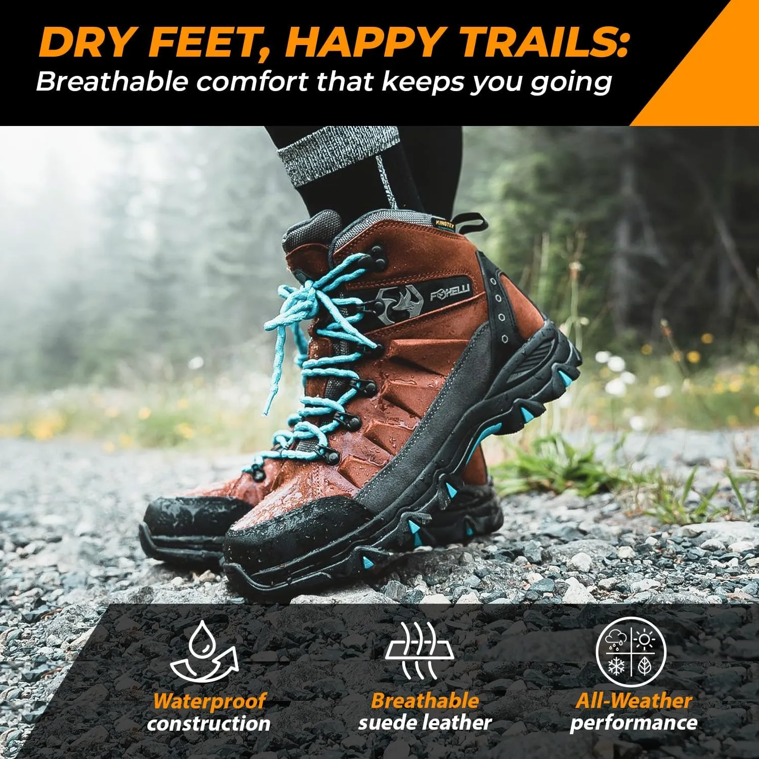 Foxelli Women’s Hiking Boots - Waterproof Lightweight & Breathable Suede Leather