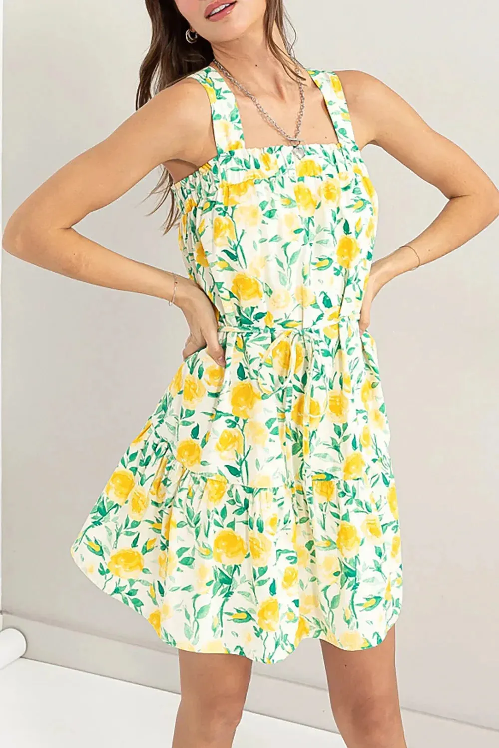 Fresh Floral Cotton Bow Back Square Neck Tie Straps Mini Dress