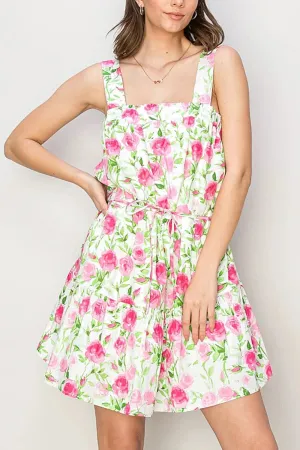 Fresh Floral Cotton Bow Back Square Neck Tie Straps Mini Dress
