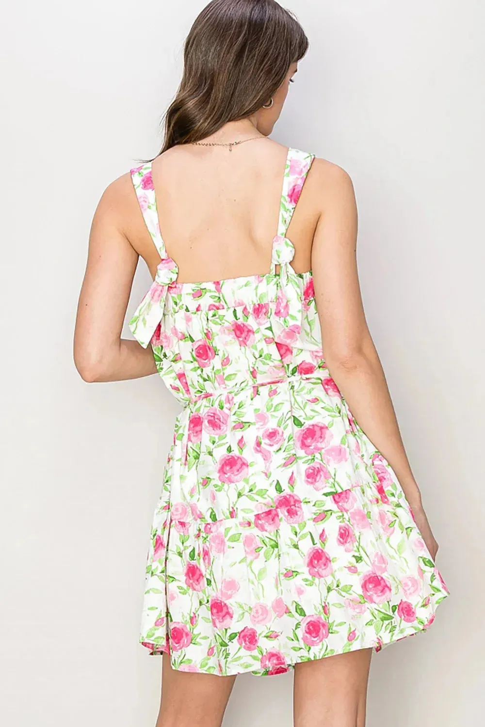 Fresh Floral Cotton Bow Back Square Neck Tie Straps Mini Dress