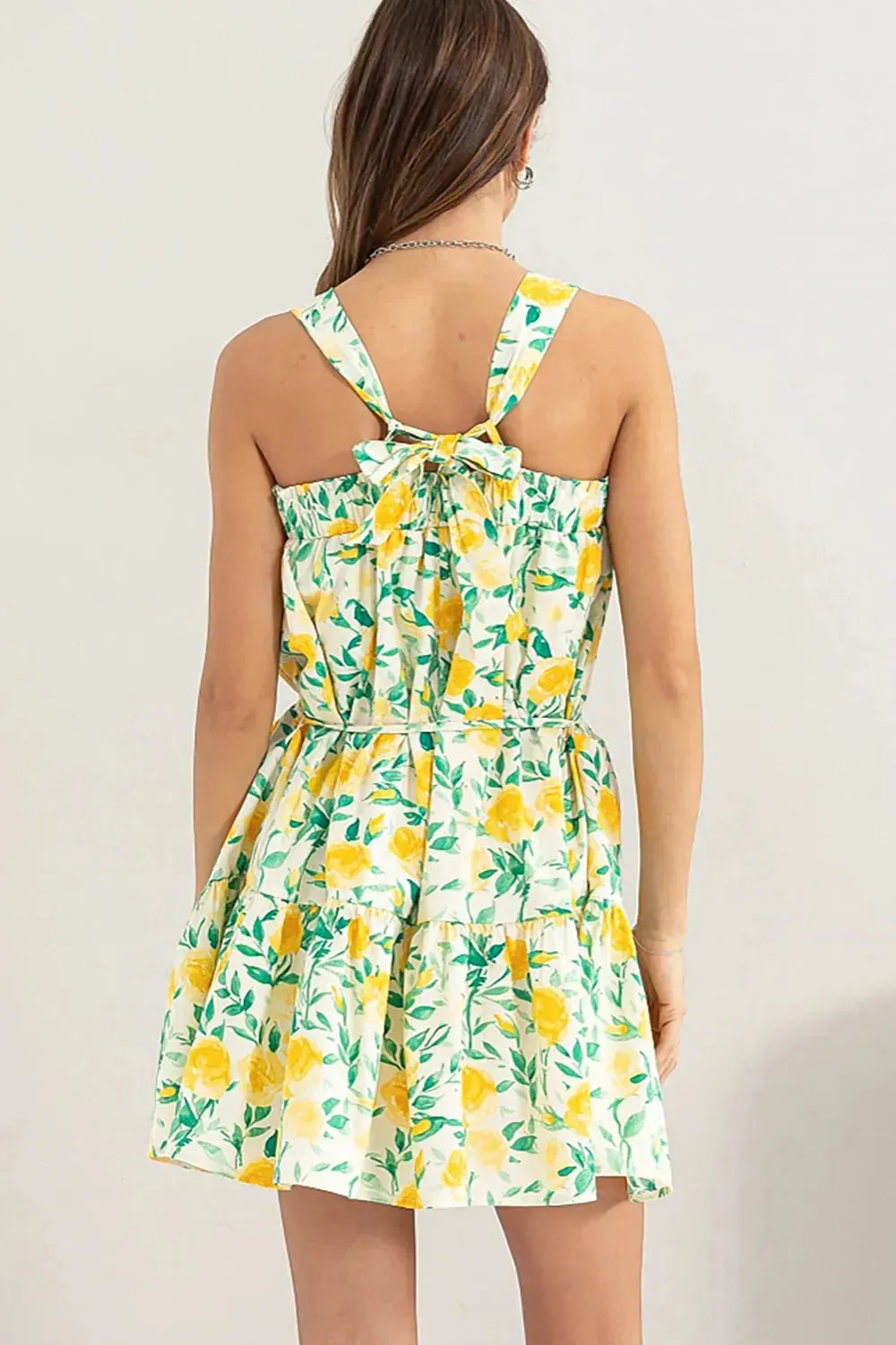 Fresh Floral Cotton Bow Back Square Neck Tie Straps Mini Dress