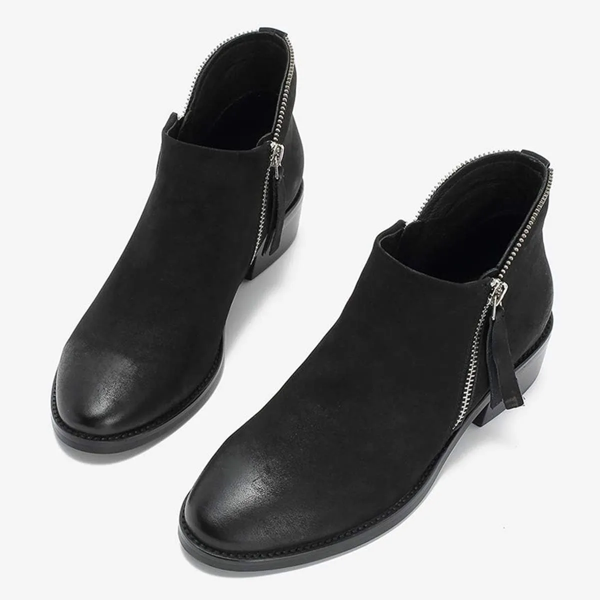 FSJ Women Fashion Zipper Low Chunky Heels Round Toe Classic Office Pull On Loafer Shoes Size 4-15 M US