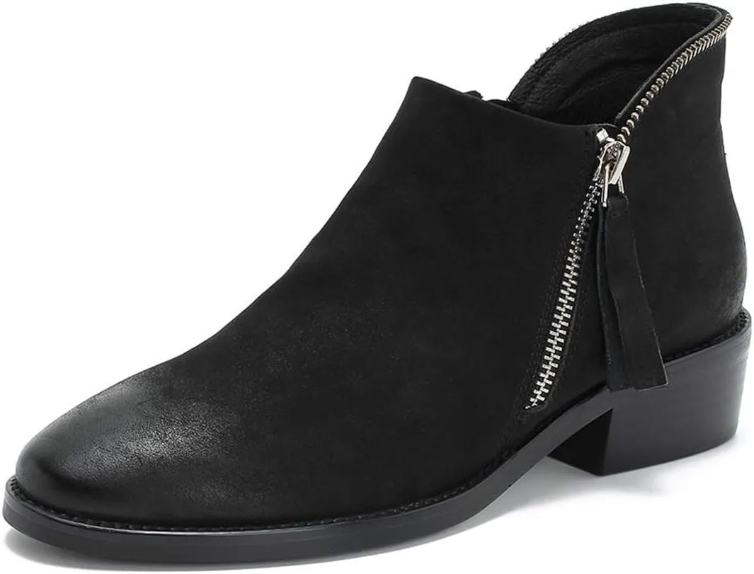 FSJ Women Fashion Zipper Low Chunky Heels Round Toe Classic Office Pull On Loafer Shoes Size 4-15 M US