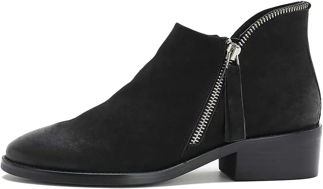 FSJ Women Fashion Zipper Low Chunky Heels Round Toe Classic Office Pull On Loafer Shoes Size 4-15 M US