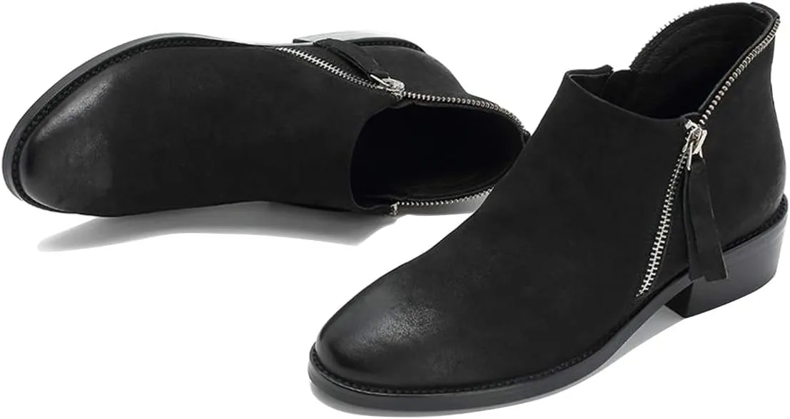 FSJ Women Fashion Zipper Low Chunky Heels Round Toe Classic Office Pull On Loafer Shoes Size 4-15 M US