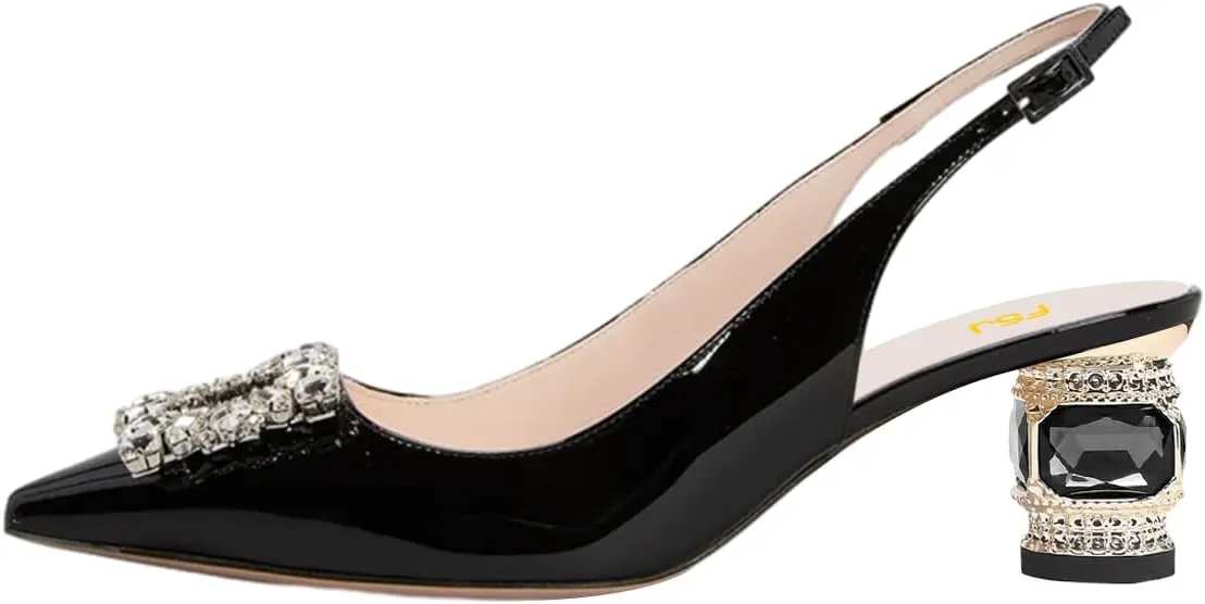 FSJ Women Pointed Toe Slingback Wedding Pumps Chunky Low Heel Rhinestone Sandals Crystal Dress Party Office Shoe with Buckle Size 4-15 M US