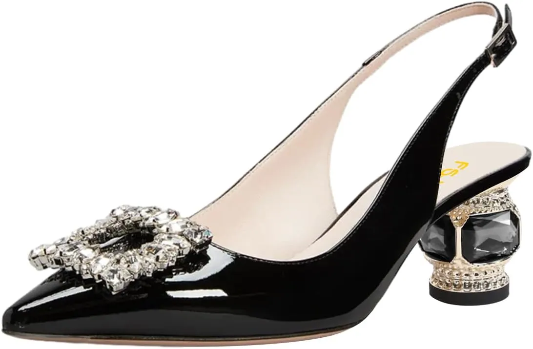 FSJ Women Pointed Toe Slingback Wedding Pumps Chunky Low Heel Rhinestone Sandals Crystal Dress Party Office Shoe with Buckle Size 4-15 M US