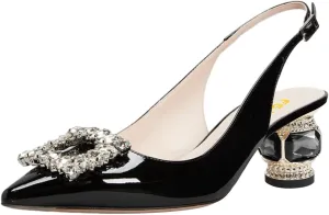 FSJ Women Pointed Toe Slingback Wedding Pumps Chunky Low Heel Rhinestone Sandals Crystal Dress Party Office Shoe with Buckle Size 4-15 M US
