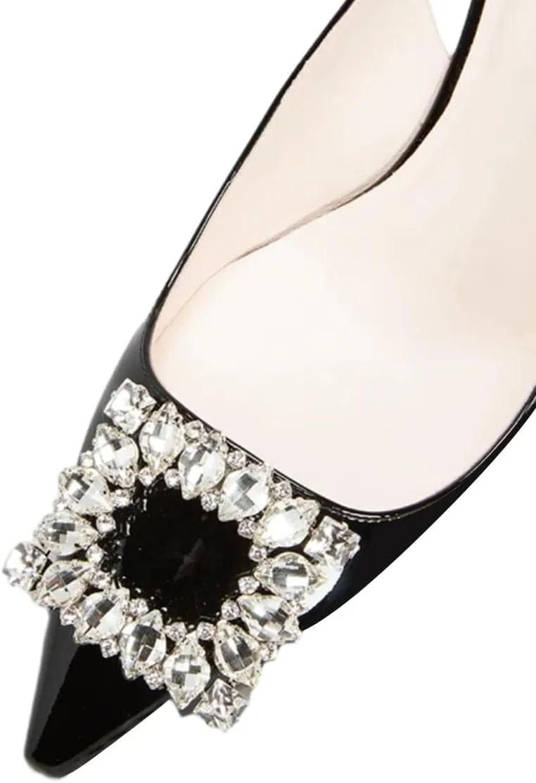 FSJ Women Pointed Toe Slingback Wedding Pumps Chunky Low Heel Rhinestone Sandals Crystal Dress Party Office Shoe with Buckle Size 4-15 M US