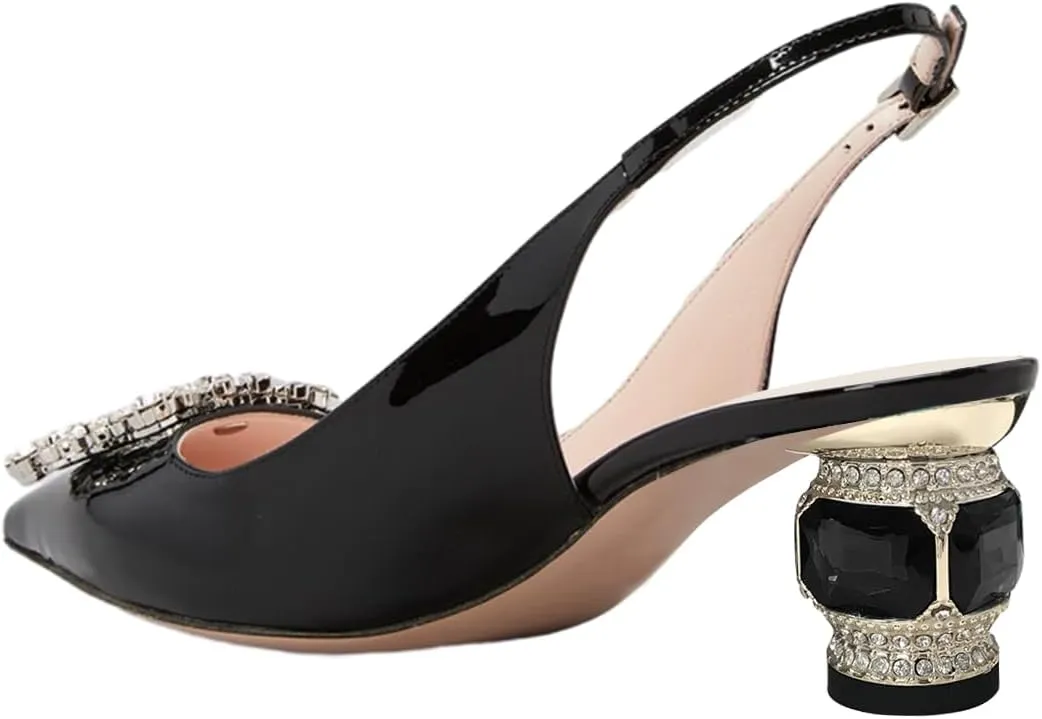 FSJ Women Pointed Toe Slingback Wedding Pumps Chunky Low Heel Rhinestone Sandals Crystal Dress Party Office Shoe with Buckle Size 4-15 M US