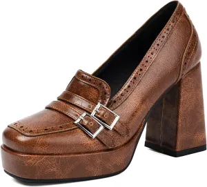 Gicoiz Womens Chunky High Heeled Loafers Office Work Court Shoes