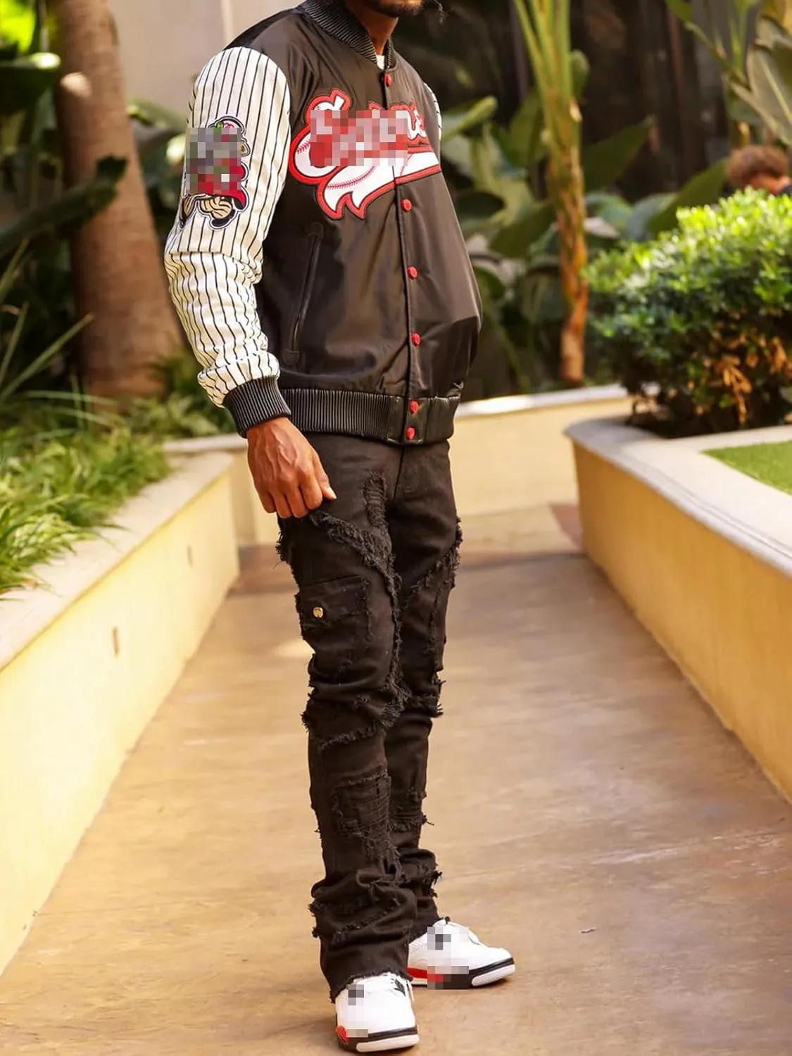 Giraropa Mens Black Stacked Jeans Slim Fit Ripped Jeans Destroyed Straight Denim Pants Harajuku Hip Hop Trouser Streetwear
