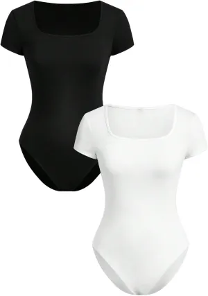 Girl's 2 Packs Square Neck Bodysuit Short Sleeve Shapewear Leotard Summer Tops Basic Tees