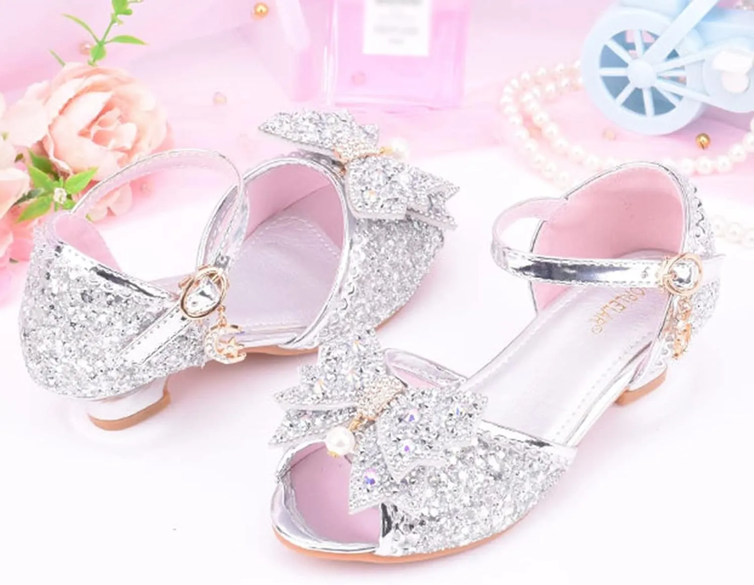 Girls Kids Sequins Dress Dance Sneakers Open Toe Ankle with Strap Low Heel Wedding Shoes Fancy Bow Glitter