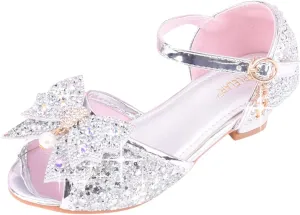 Girls Kids Sequins Dress Dance Sneakers Open Toe Ankle with Strap Low Heel Wedding Shoes Fancy Bow Glitter