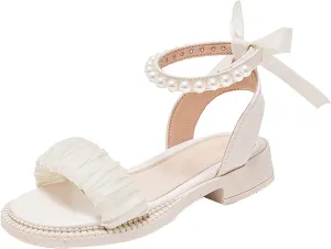 Girls Sandals Kids Open Toe Ankle Strap Dress Shoes For Wedding Party Pearl Low Heel Round Toe Sandal For Toddler