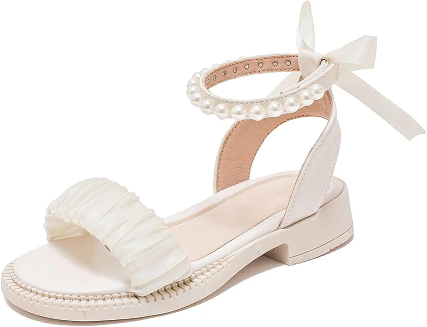 Girls Sandals Kids Open Toe Ankle Strap Dress Shoes For Wedding Party Pearl Low Heel Round Toe Sandal For Toddler