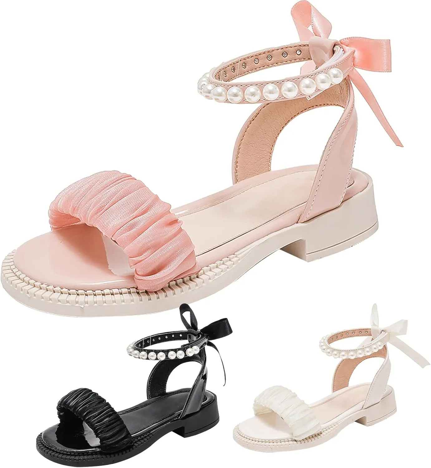 Girls Sandals Kids Open Toe Ankle Strap Dress Shoes For Wedding Party Pearl Low Heel Round Toe Sandal For Toddler