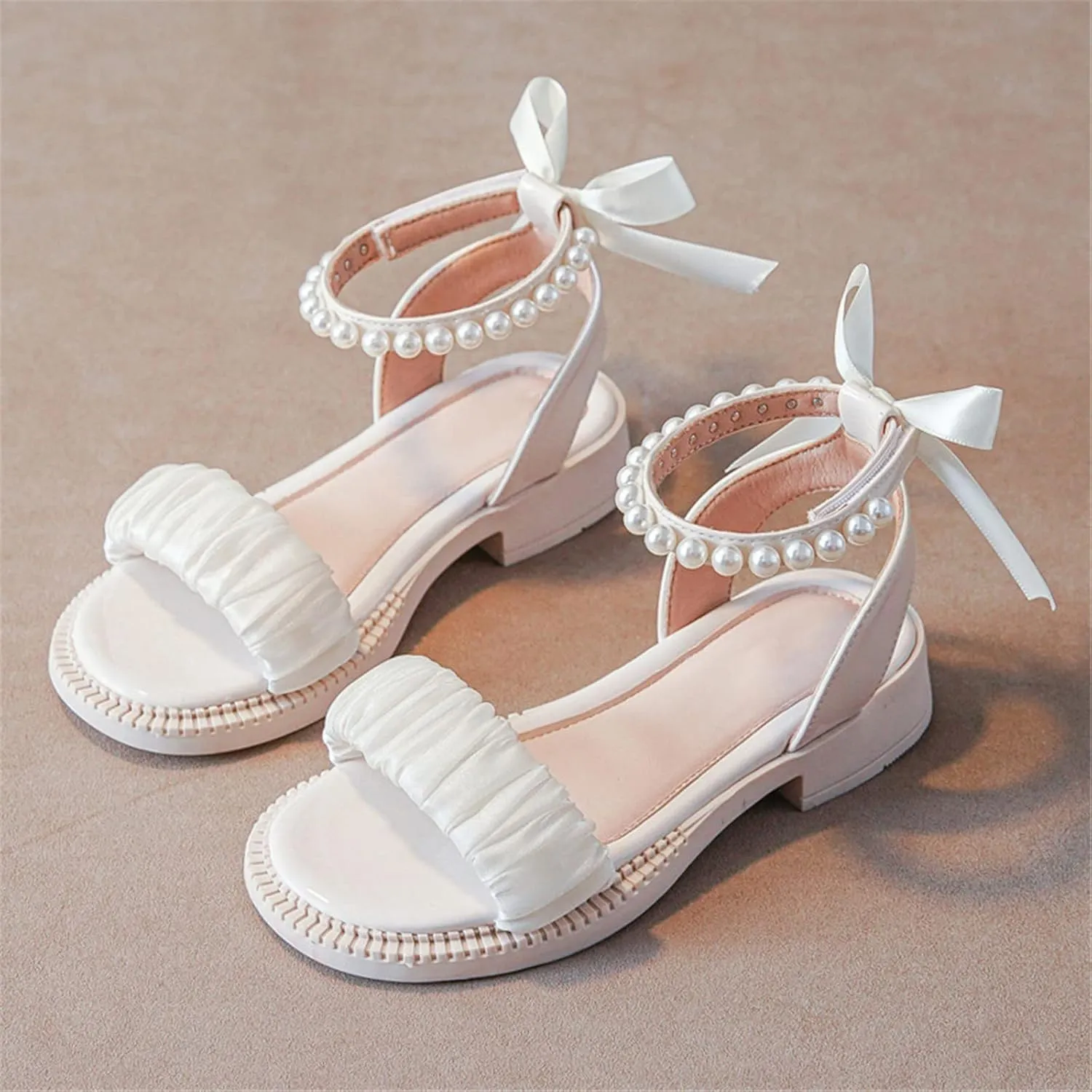 Girls Sandals Kids Open Toe Ankle Strap Dress Shoes For Wedding Party Pearl Low Heel Round Toe Sandal For Toddler