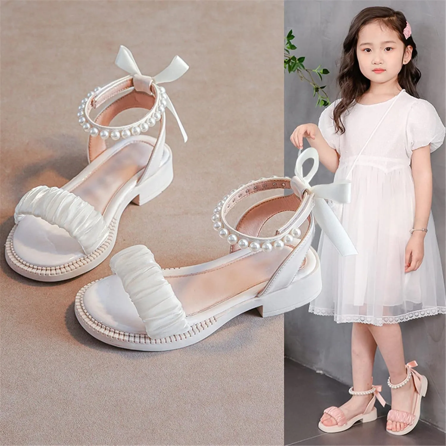 Girls Sandals Kids Open Toe Ankle Strap Dress Shoes For Wedding Party Pearl Low Heel Round Toe Sandal For Toddler