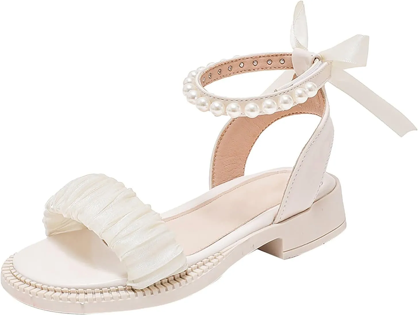 Girls Sandals Kids Open Toe Ankle Strap Dress Shoes For Wedding Party Pearl Low Heel Round Toe Sandal For Toddler