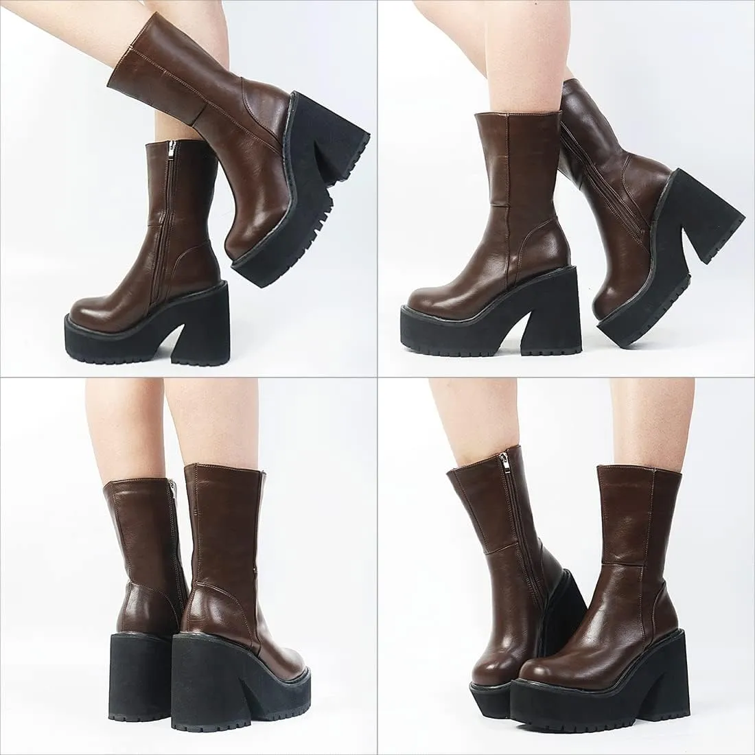 Goiphrri Ankle Boots for Women High Heel Platform Boots Round Toe Womens Work Combat Boots Fashion Punk Motorcycle Booties Black Block Heel Party Boots for Women