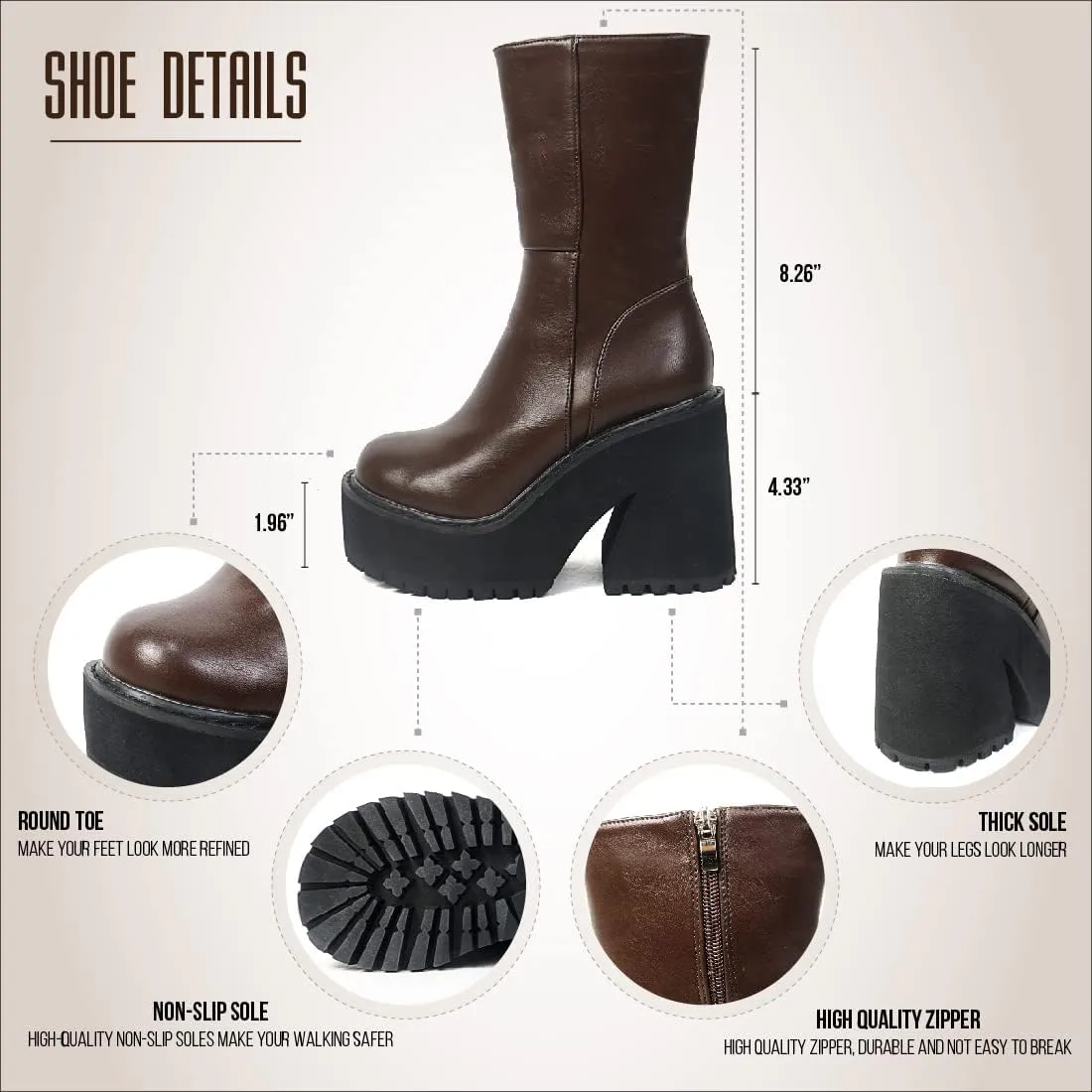 Goiphrri Ankle Boots for Women High Heel Platform Boots Round Toe Womens Work Combat Boots Fashion Punk Motorcycle Booties Black Block Heel Party Boots for Women