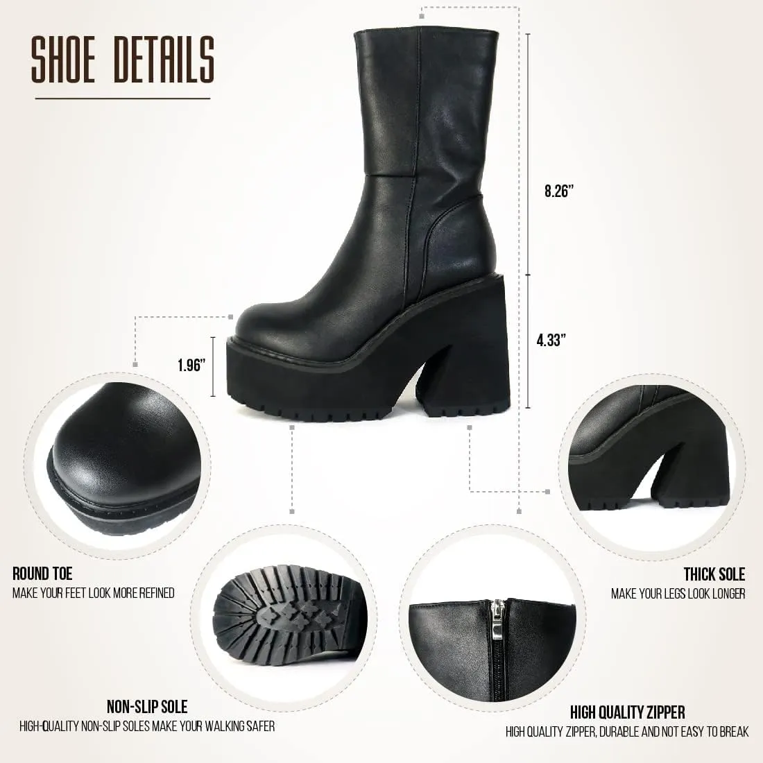 Goiphrri Platform Ankle Boots for Women High Heel Round Toe Womens Fashion Work Combat Boots Punk Motorcycle Booties Black Block Heel Party Booties