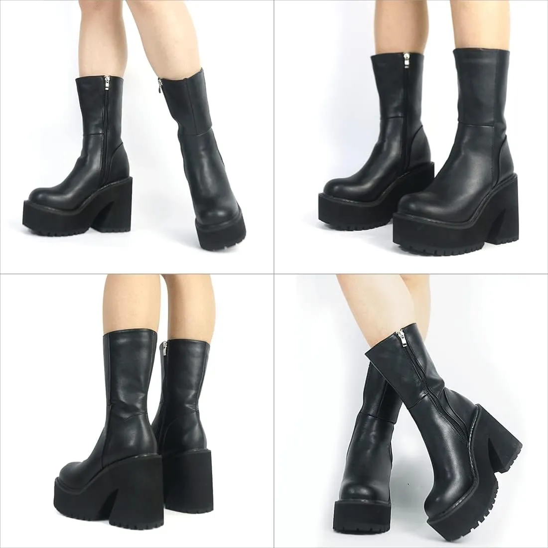 Goiphrri Platform Ankle Boots for Women High Heel Round Toe Womens Fashion Work Combat Boots Punk Motorcycle Booties Black Block Heel Party Booties