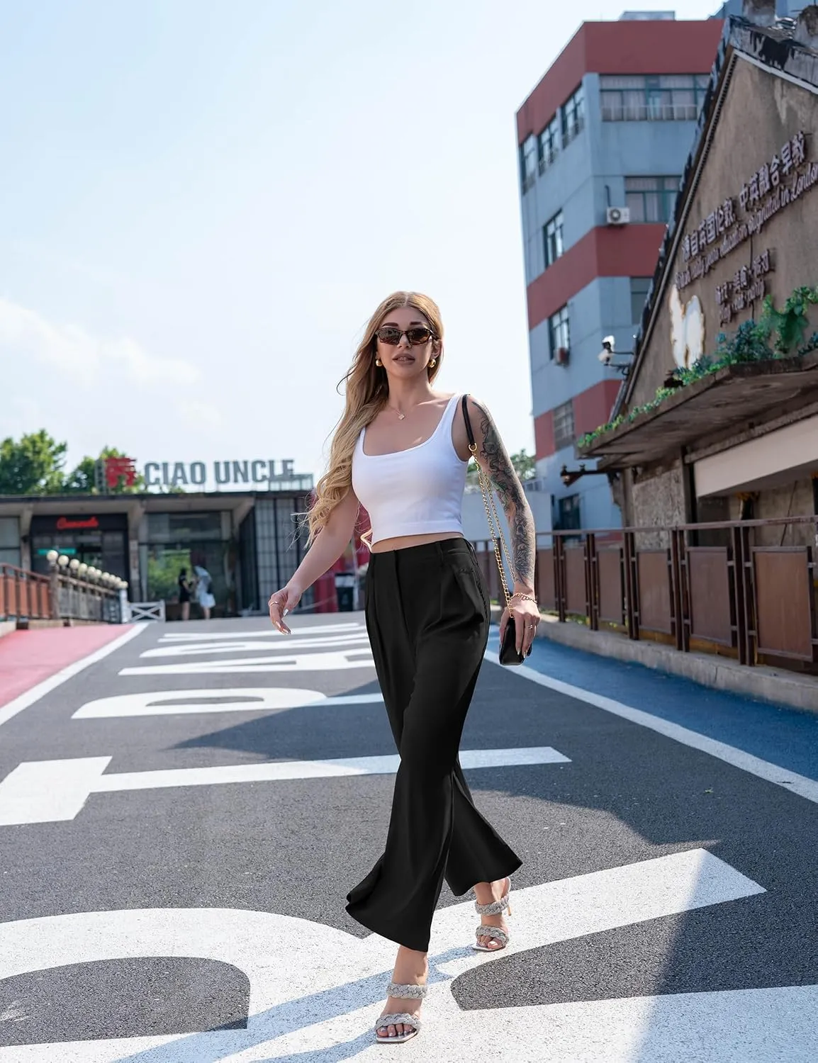 GOKATOSAU Women's Loose Fit High Elastic Waisted Wide Leg Straight Long Trousers Suit Pants
