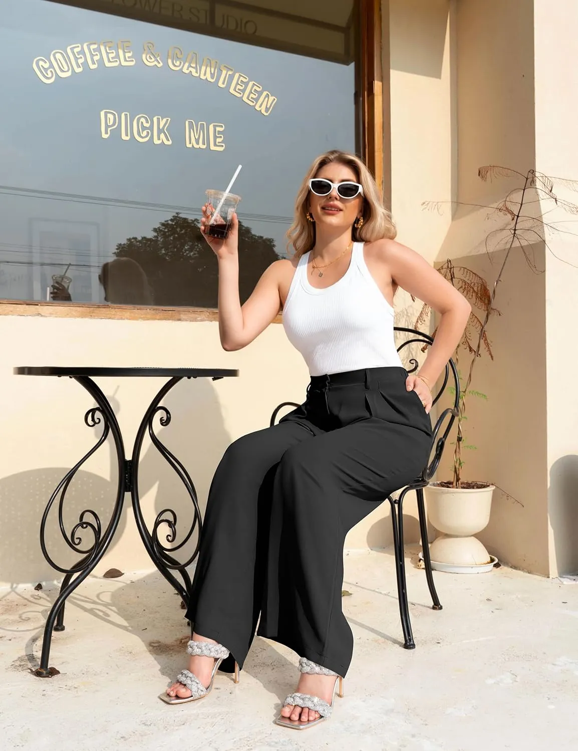 GOKATOSAU Women's Loose Fit High Elastic Waisted Wide Leg Straight Long Trousers Suit Pants
