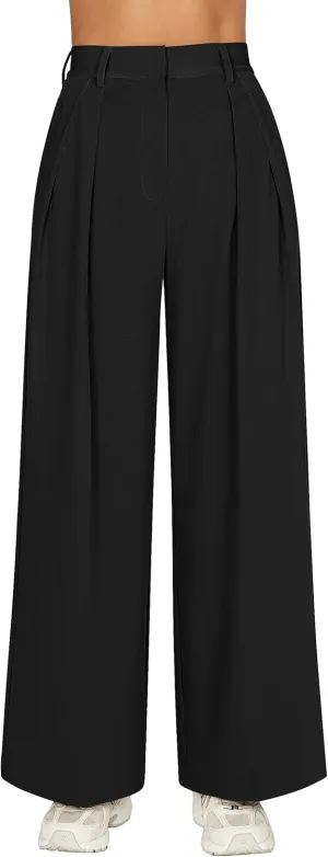 GOKATOSAU Women's Loose Fit High Elastic Waisted Wide Leg Straight Long Trousers Suit Pants
